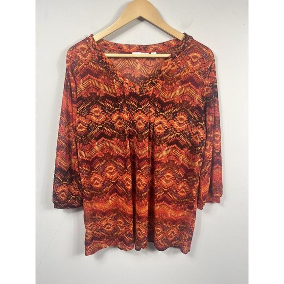 Susan Graver Top Womens Large Orange Mesh Blouse 3/4 Sleeve Bead Aztec - Picture 1 of 10
